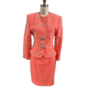 Vtg 80s Mob Wife Magali Collection Orange Wool Skirt Suit Gold Rope Design Sz 8